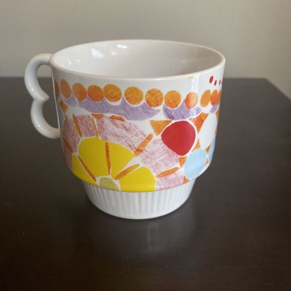 Set Of 2 Anthropologie Stackable Abstract Polka Dot Floral Mugs Coffee Tea Retro - Picture 2 of 6